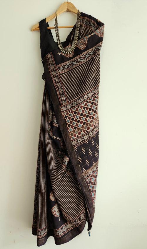 'SHAHJEHAN: Black' Ajrakh on handwoven Maheshwari