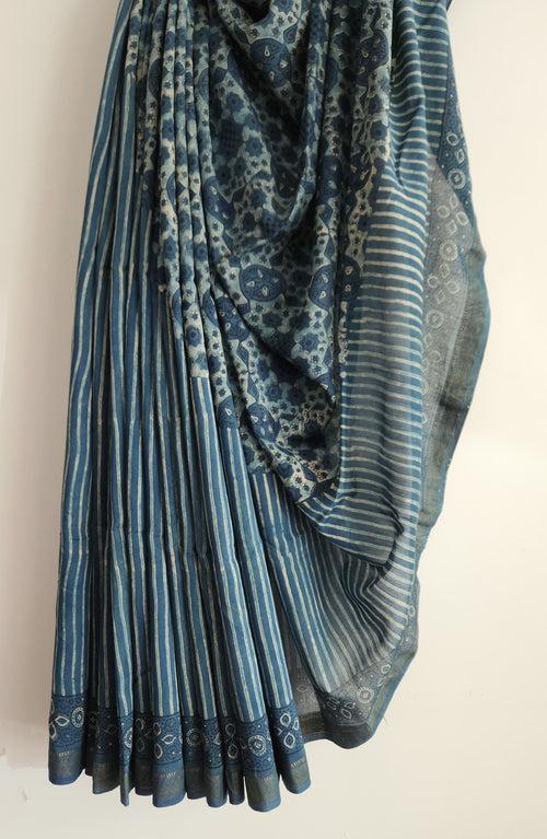 'QUDSIA: Indigo' Ajrakh on handwoven Maheshwari