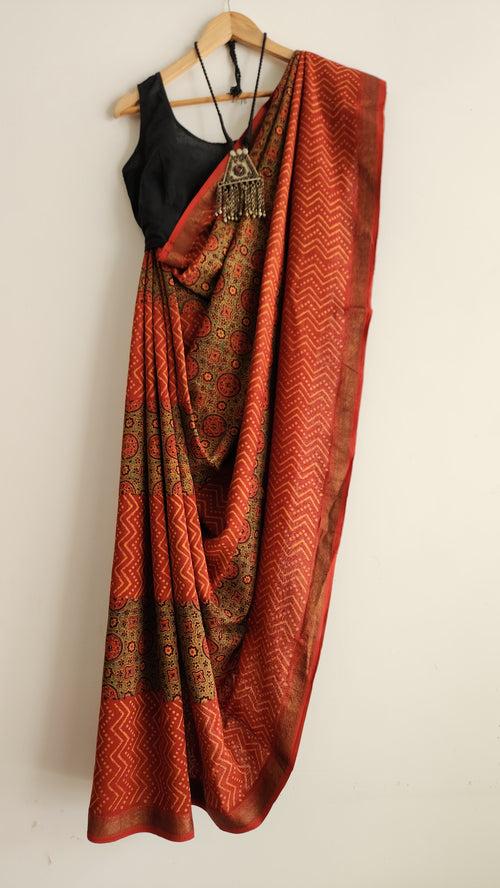 'SULTAN JAHAN: Red' Ajrakh on handwoven Maheshwari