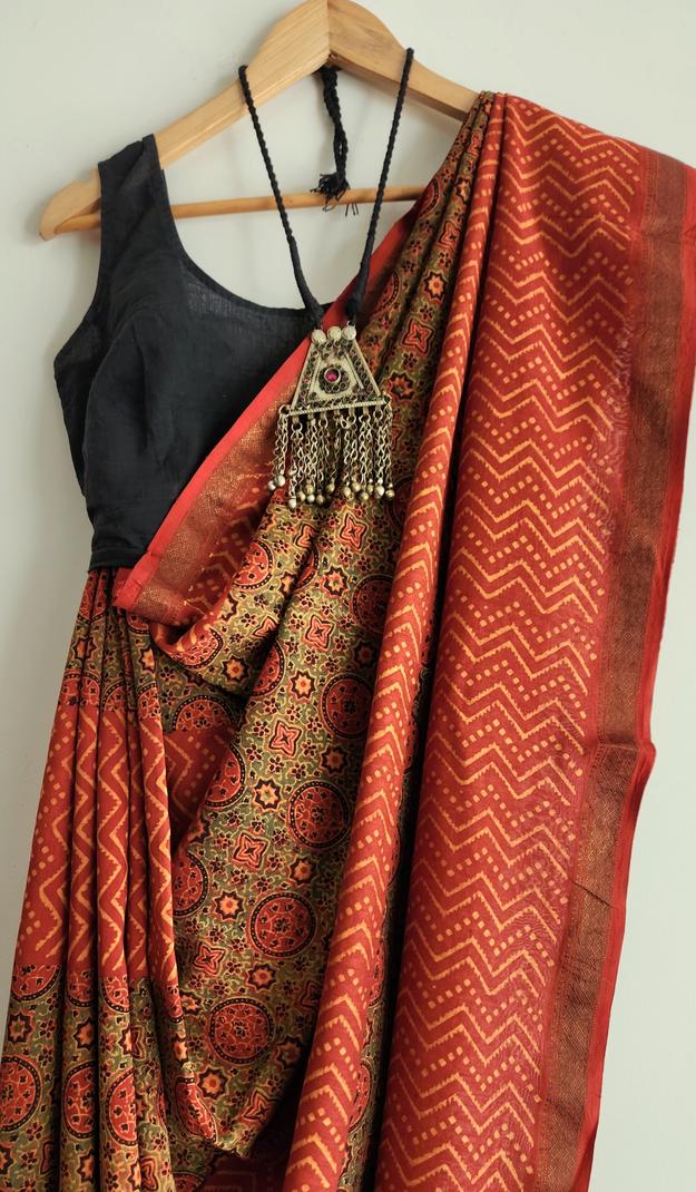 'SULTAN JAHAN: Red' Ajrakh on handwoven Maheshwari