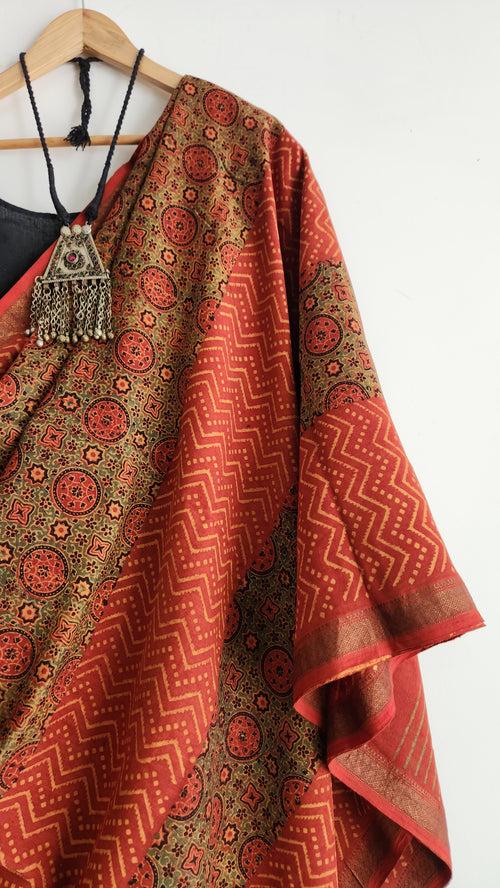 'SULTAN JAHAN: Red' Ajrakh on handwoven Maheshwari