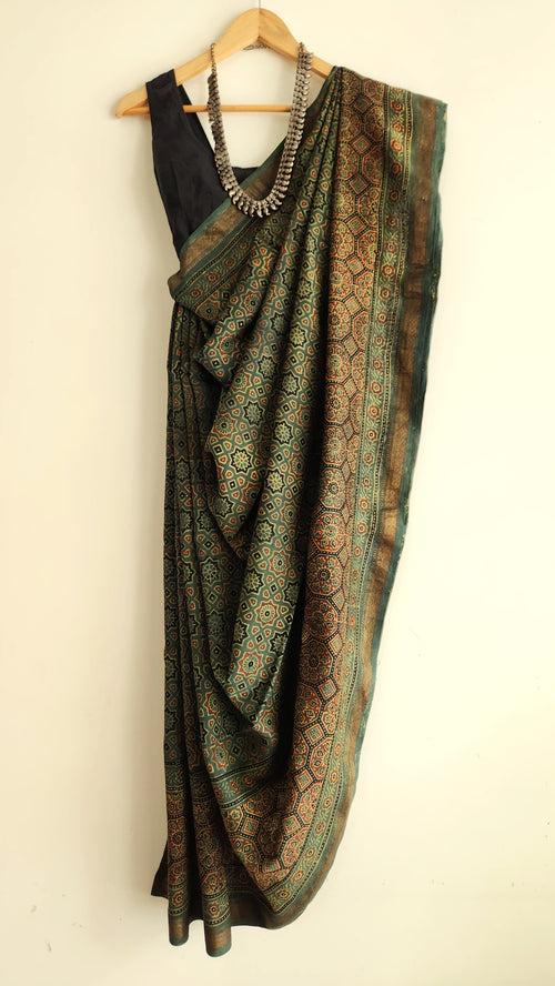 'SIKANDAR BEGUM: Green' Ajrakh on handwoven Maheshwari