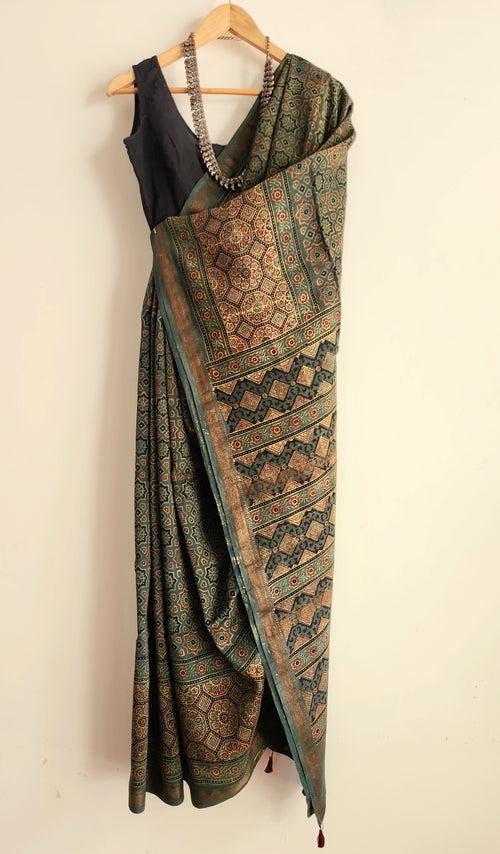 'SIKANDAR BEGUM: Green' Ajrakh on handwoven Maheshwari