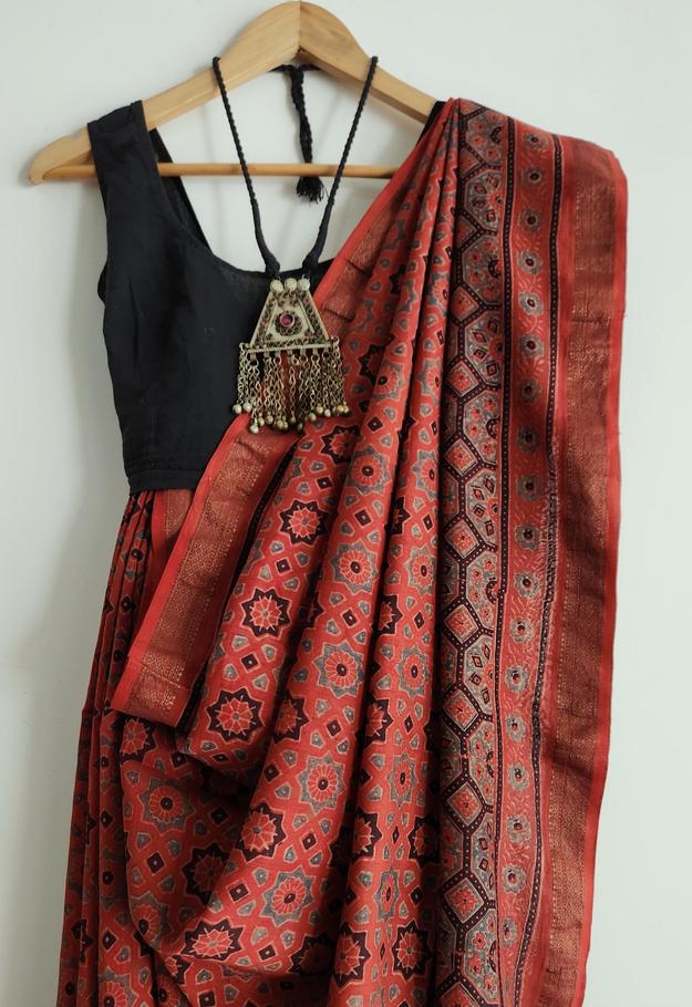 'SIKANDAR BEGUM: Red' Ajrakh on handwoven Maheshwari