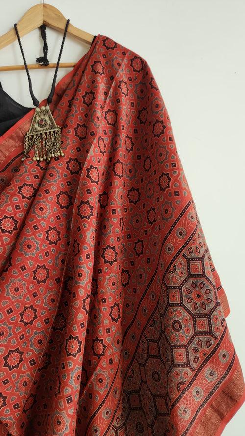 'SIKANDAR BEGUM: Red' Ajrakh on handwoven Maheshwari