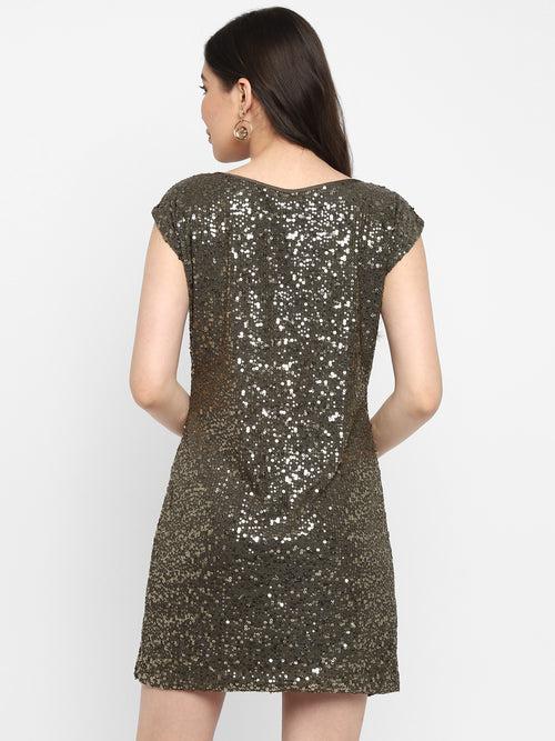 Olive Green Embellished Sequin Shift Dress