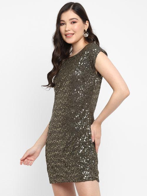 Olive Green Embellished Sequin Shift Dress