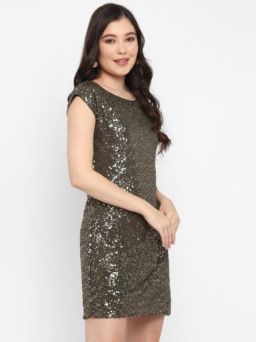 Olive Green Embellished Sequin Shift Dress