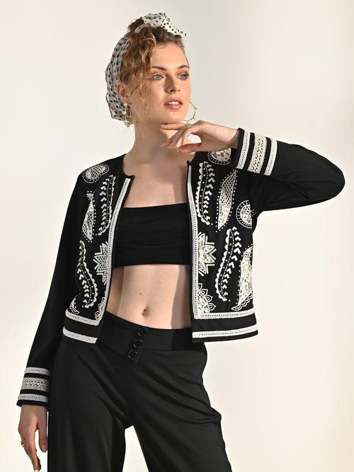 Black Embroidered Jersey Knit Jacket