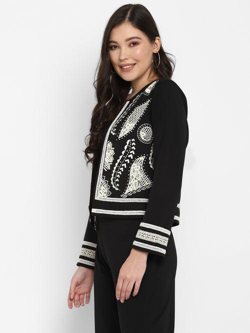 Black Embroidered Jersey Knit Jacket