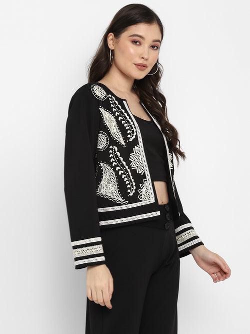 Black Embroidered Jersey Knit Jacket