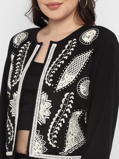 Black Embroidered Jersey Knit Jacket