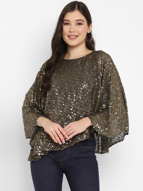 Olive Green Embellished Sequin Cape