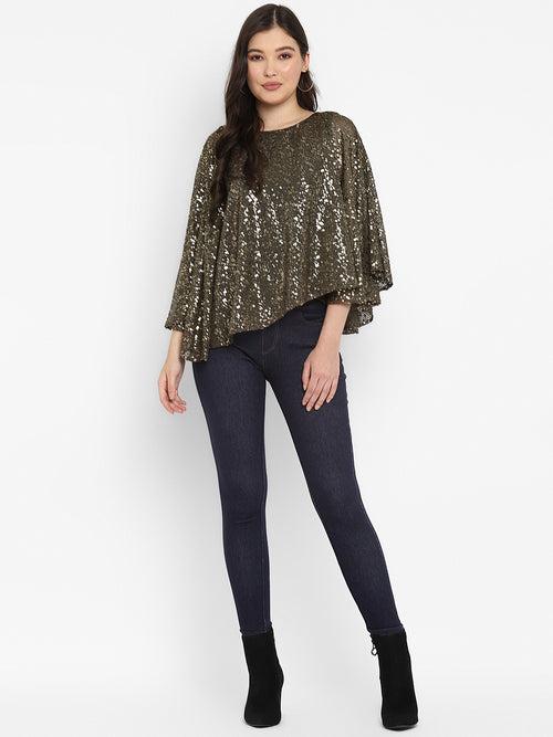 Olive Green Embellished Sequin Cape