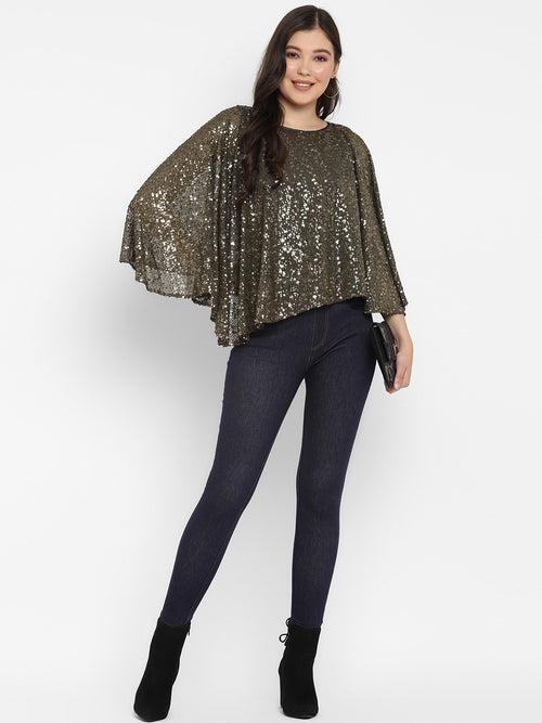 Olive Green Embellished Sequin Cape