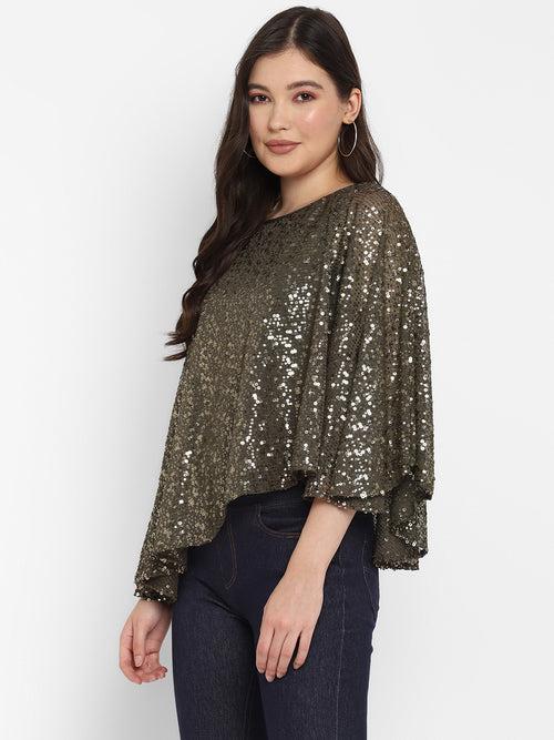 Olive Green Embellished Sequin Cape