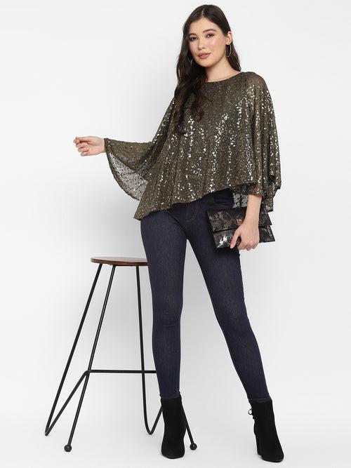 Olive Green Embellished Sequin Cape