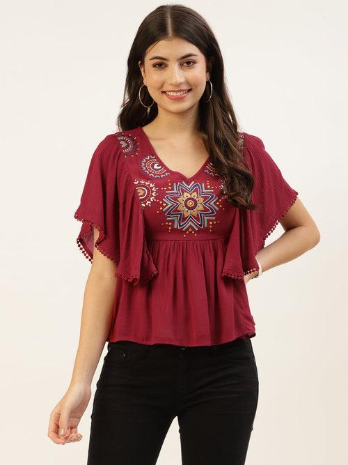 Maroon Embroidered Dobby Top