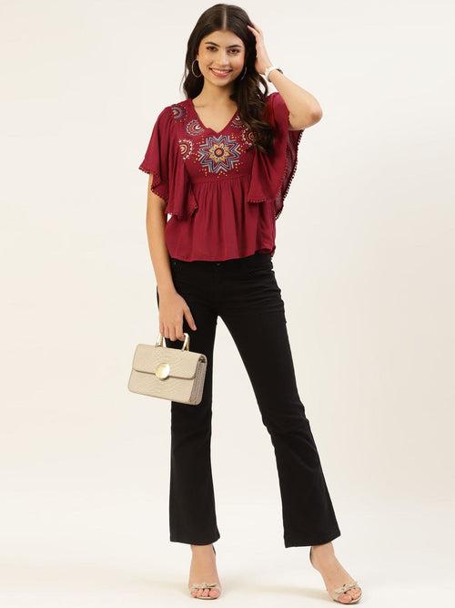 Maroon Embroidered Dobby Top