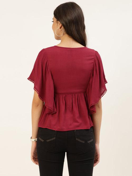 Maroon Embroidered Dobby Top
