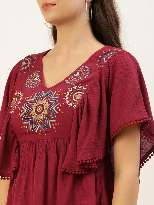 Maroon Embroidered Dobby Top