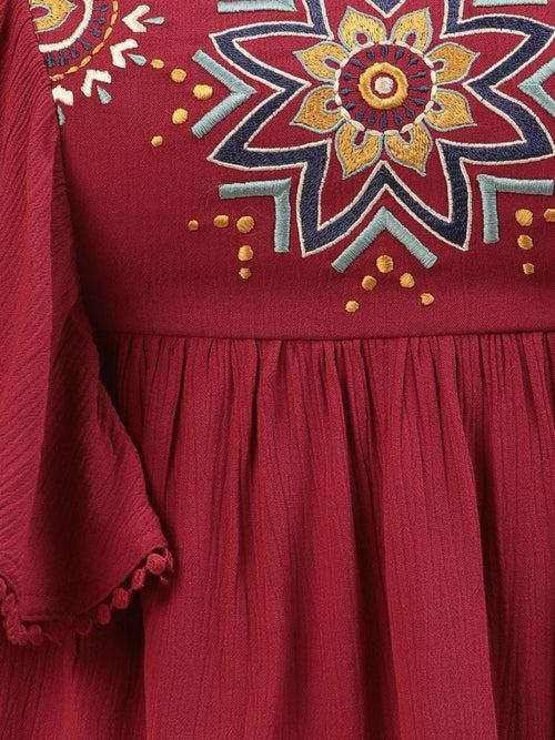 Maroon Embroidered Dobby Top