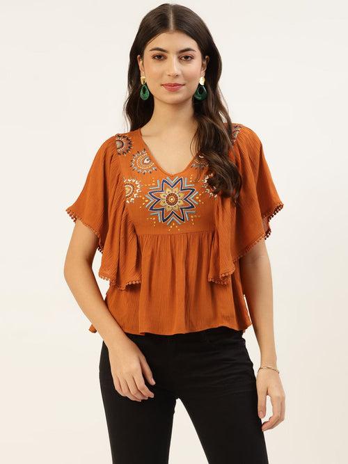 Rust Embroidered Dobby Top