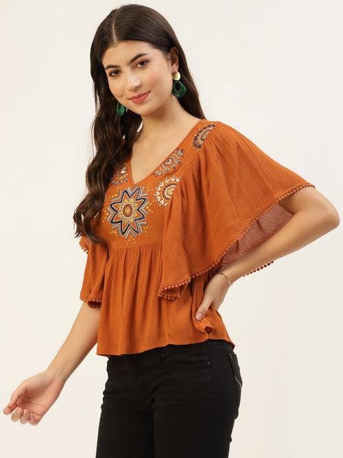 Rust Embroidered Dobby Top