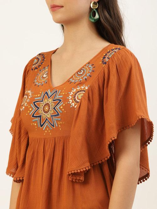 Rust Embroidered Dobby Top