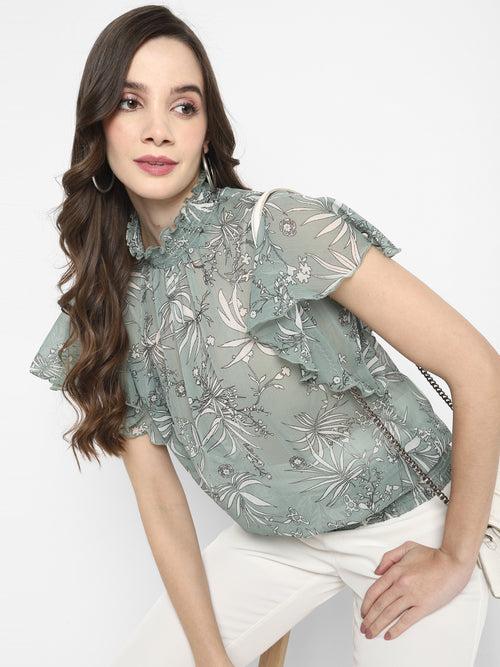 Sage Printed Chiffon Top