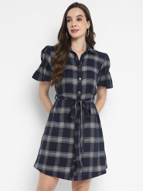 Navy Blue Plaid Checks Yarn Dyed Cotton Dress