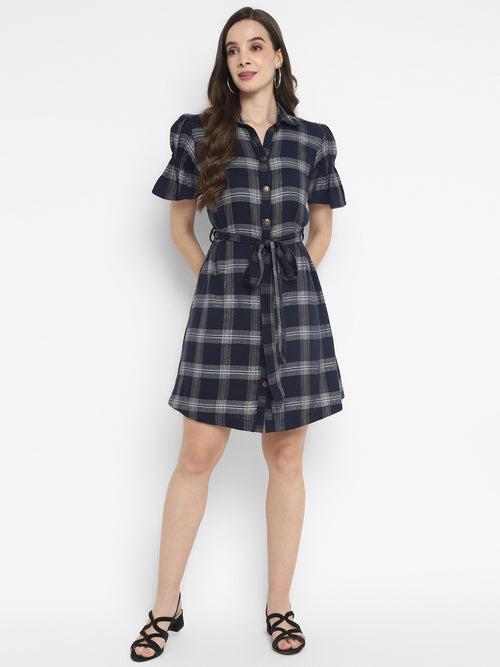 Navy Blue Plaid Checks Yarn Dyed Cotton Dress