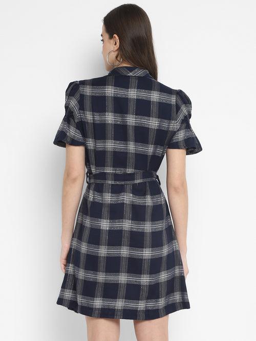 Navy Blue Plaid Checks Yarn Dyed Cotton Dress