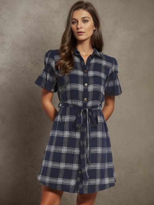 Navy Blue Plaid Checks Yarn Dyed Cotton Dress