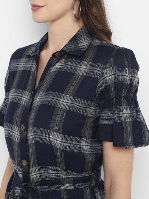 Navy Blue Plaid Checks Yarn Dyed Cotton Dress