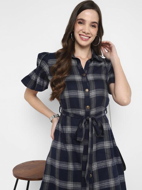 Navy Blue Plaid Checks Yarn Dyed Cotton Dress