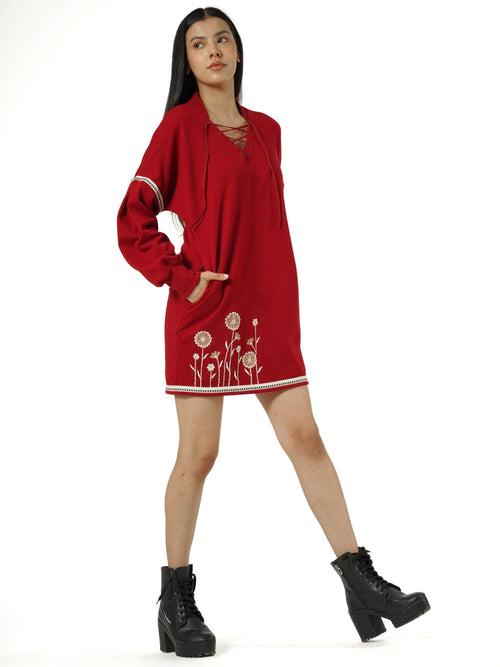 Red Embroidered Terry Fleece Dress