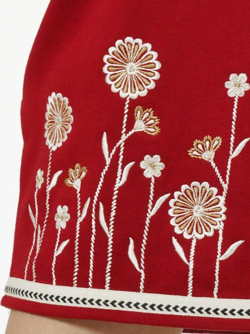 Red Embroidered Terry Fleece Dress