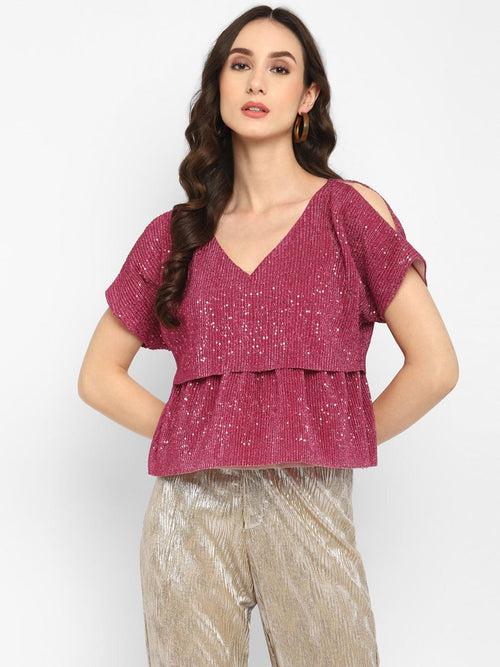 Pink Pleated Sequin Top