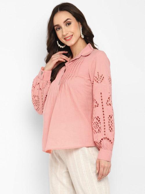 Peach Embroidered Schiffli Shirt