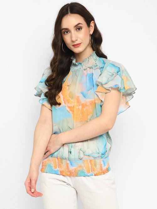 Blue Digital Printed Georgette Top