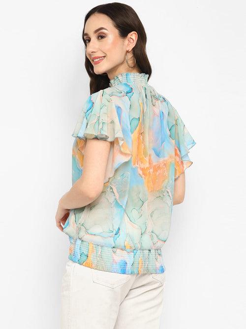 Blue Digital Printed Georgette Top