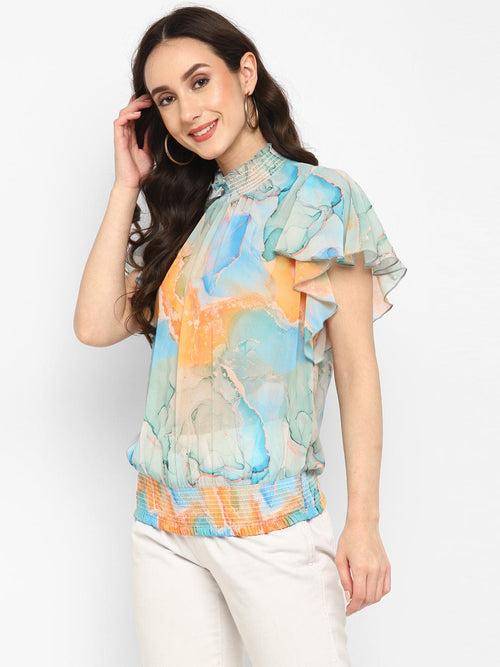 Blue Digital Printed Georgette Top