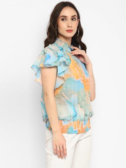 Blue Digital Printed Georgette Top