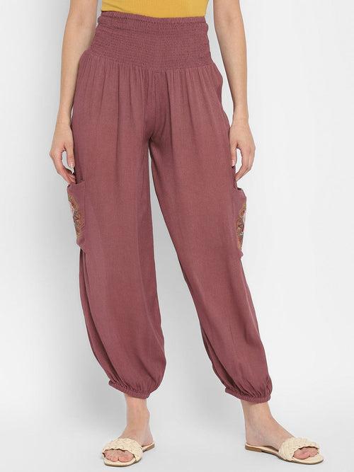 Mauve Embroidered Rayon Crepe Harem Pants