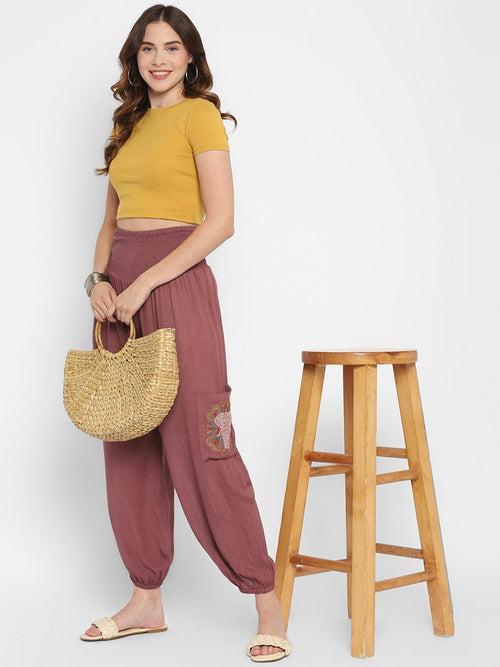 Mauve Embroidered Rayon Crepe Harem Pants