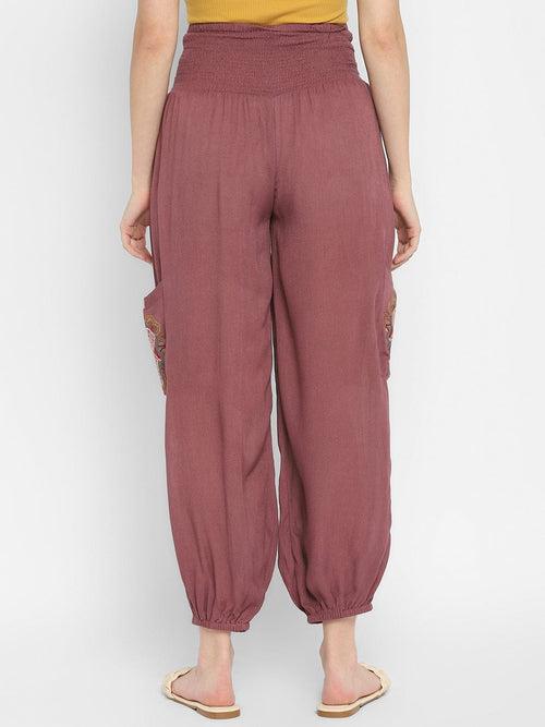 Mauve Embroidered Rayon Crepe Harem Pants