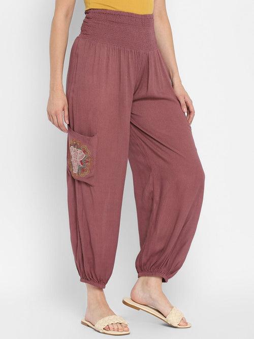 Mauve Embroidered Rayon Crepe Harem Pants