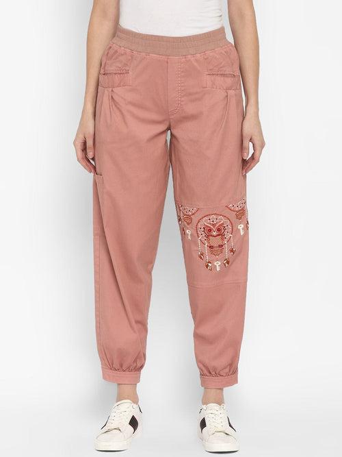 Pink Embroidered Yarn Dyed Woven Cargo Pants