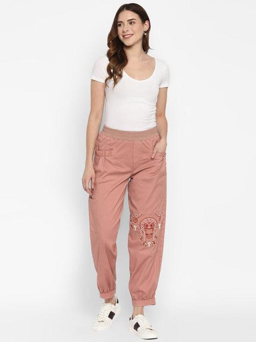 Pink Embroidered Yarn Dyed Woven Cargo Pants